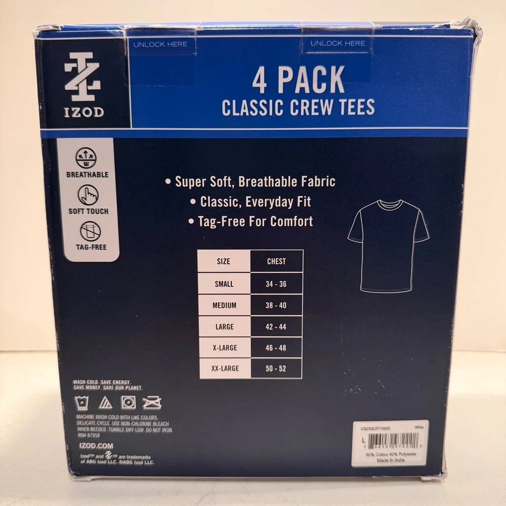 IZOD Mens NEW 4 Pack Classic White‎ Crewneck Tees Breathable Tag Free Soft Large